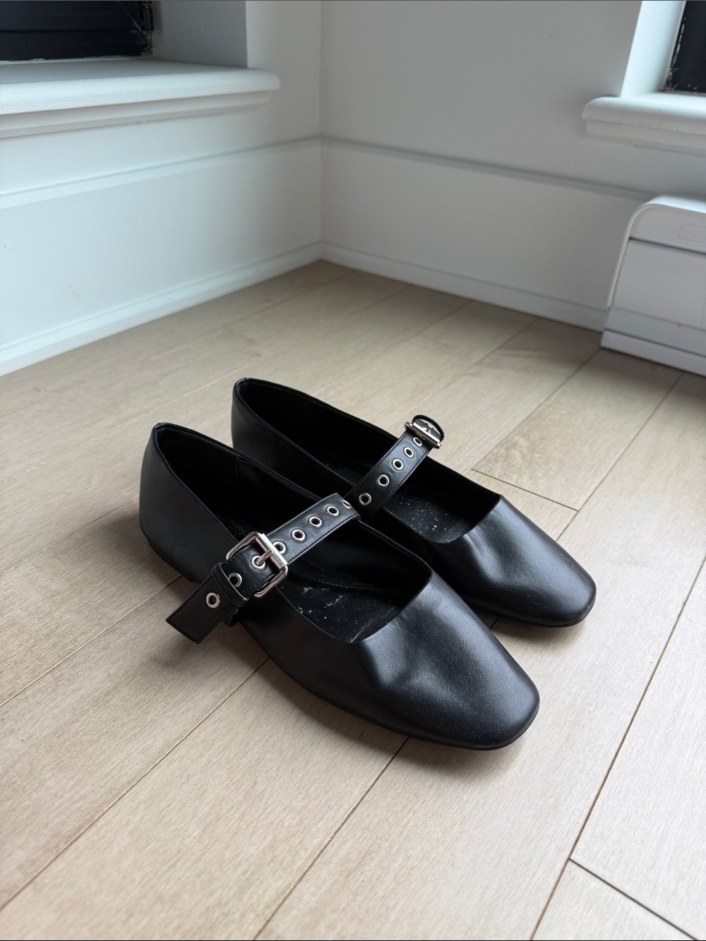 Mango Black Square-Toe Mary Jane Flats with Buckle Strap